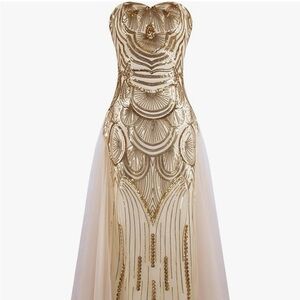 Angel Fashion Champagne w/ Gold Sequins Strapless Maxi Dress - SzL
